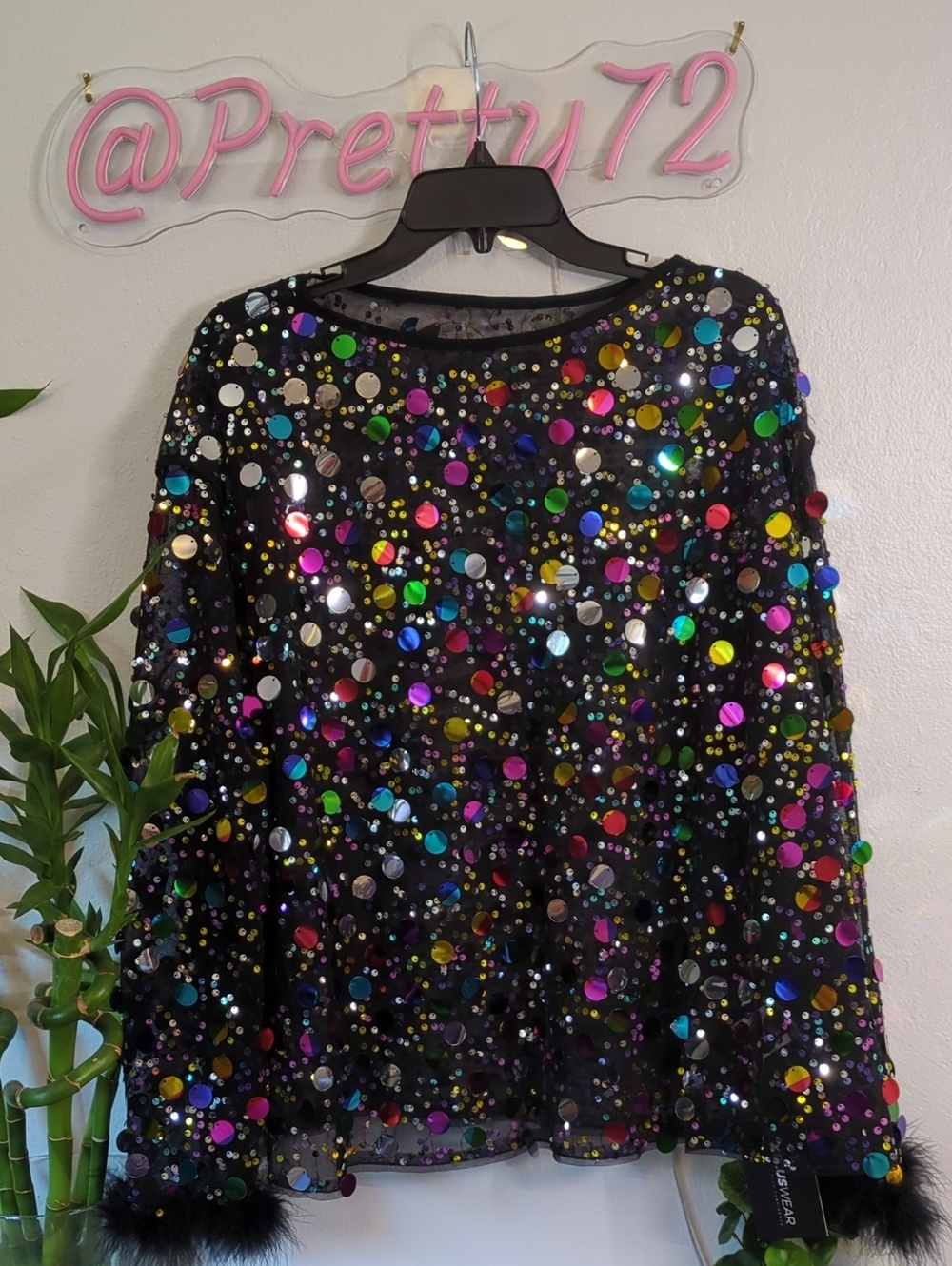 Xpluswear Design Plus Size Party Blouse Black Round Neck Disco Sequin Feather